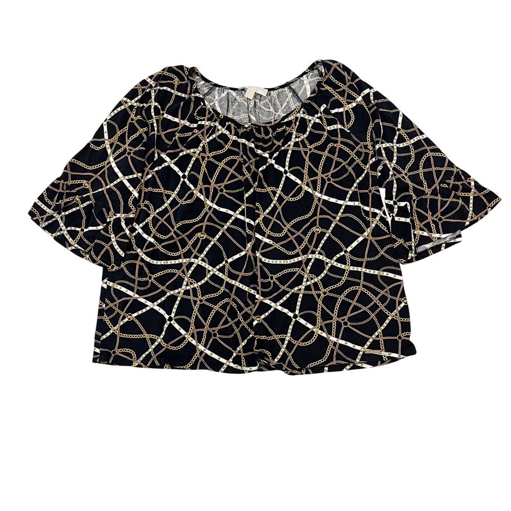 Michael Kors Chain Link Print Bell Sleeve Blouse Black Gold Glam Size 3X